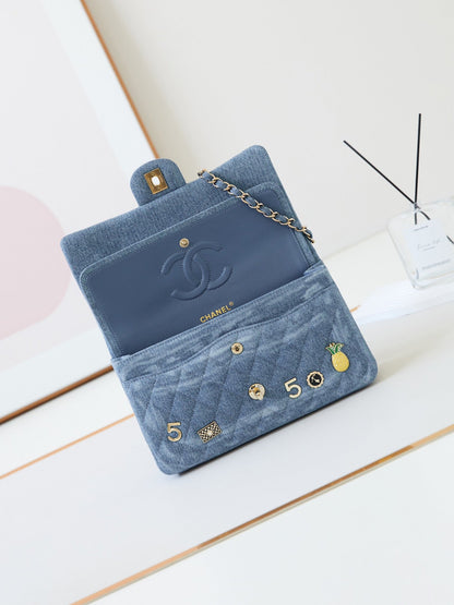 CHANEL 24K Flap Bag 20cm Multi Charm Blue Denim Gold Hardware