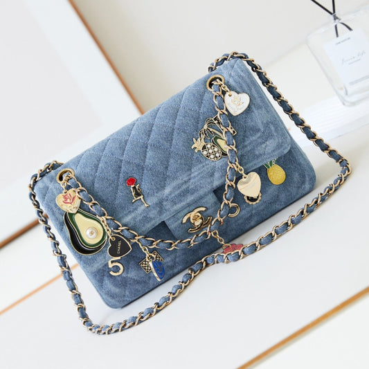 CHANEL 24K Flap Bag 20cm Multi Charm Blue Denim Gold Hardware