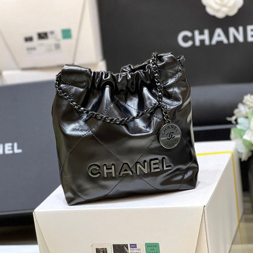 CHANEL cc22 mini hobo bag 20cm all black lambskin