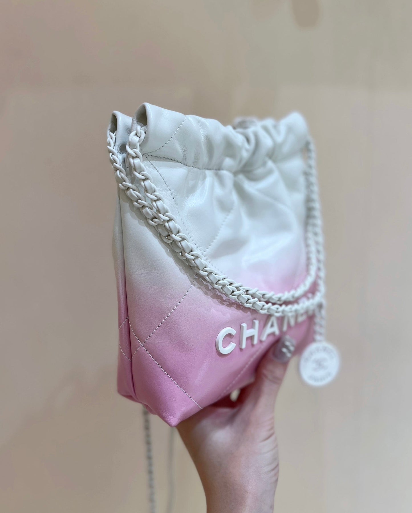 CHANEL cc22 mini hobo bag 20cm pink white lambskin silver hardware