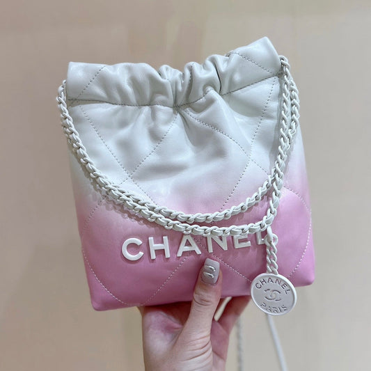 CHANEL cc22 mini hobo bag 20cm pink white lambskin silver hardware
