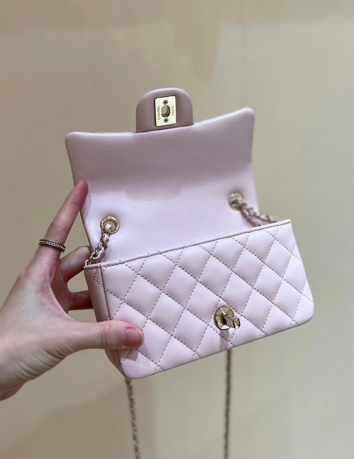 CHANEL 24K Mini Flap Bag 18cm Light Pink Lambskin Gold Hardware