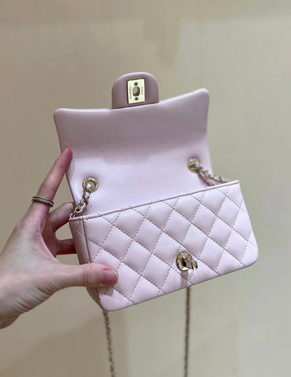 CHANEL 24K Mini Flap Bag 18cm Light Pink Lambskin Gold Hardware