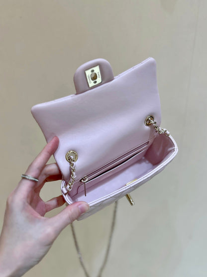 CHANEL 24K Mini Flap Bag 18cm Light Pink Lambskin Gold Hardware