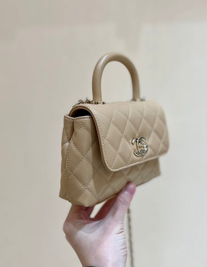 CHANEL 24K Coco Hanle Nano 18cm Beige Grained Calfskin Gold Hardware