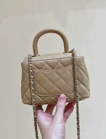 CHANEL 24K Coco Hanle Nano 18cm Beige Grained Calfskin Gold Hardware