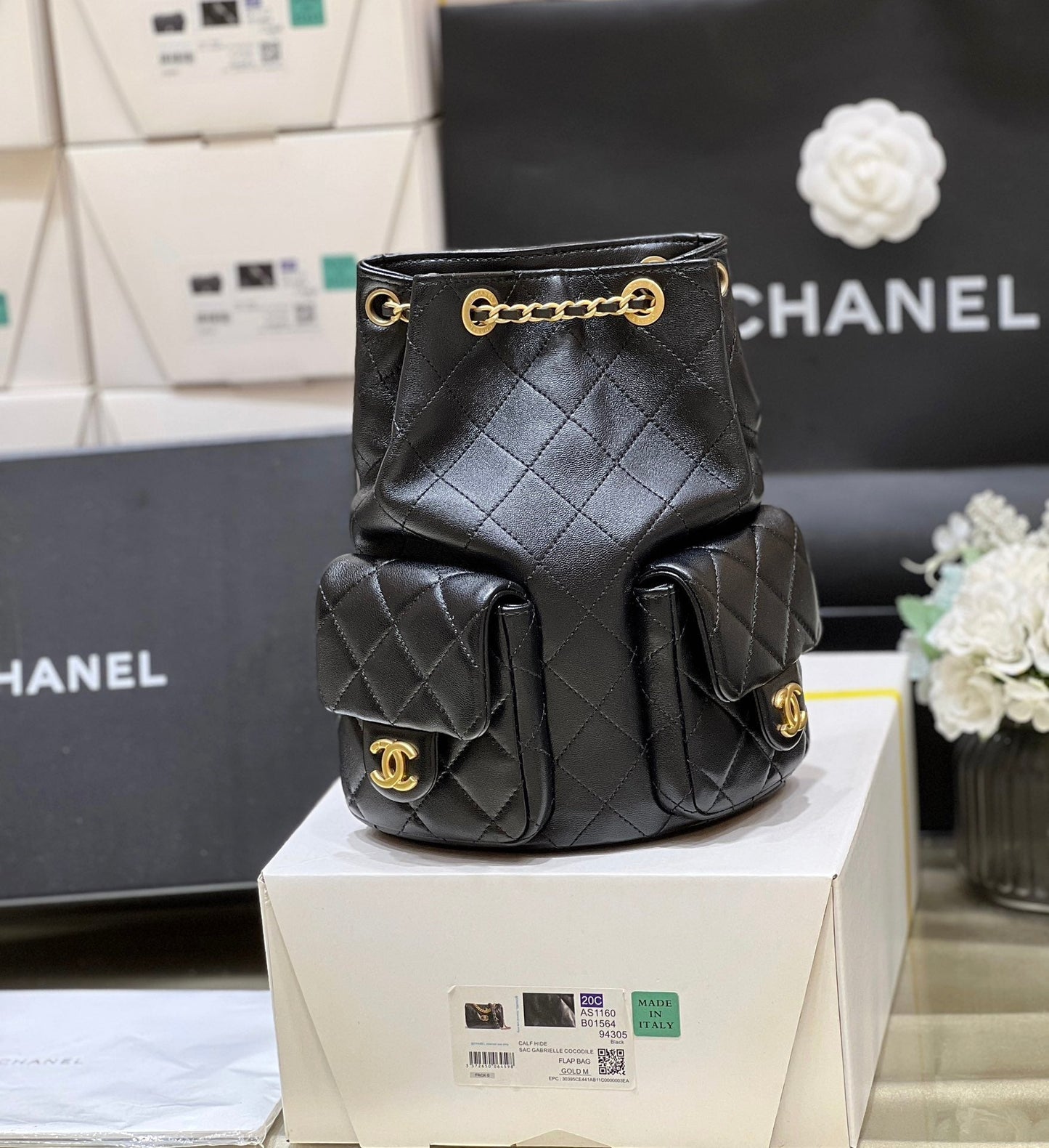 CHANEL 25C Backpack 18cm Black Calfsin Gold Hardware