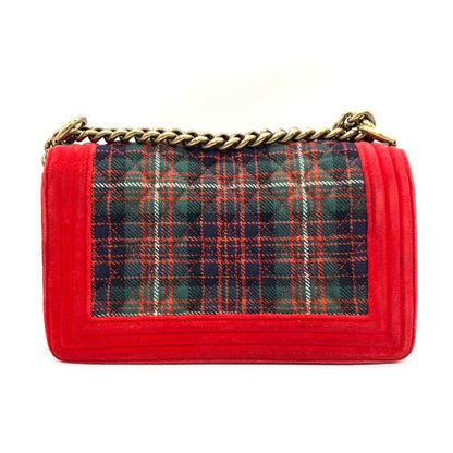 Chanel Boy Chain Shoulder Bag Velour Canvas Red Green Check in New Condition