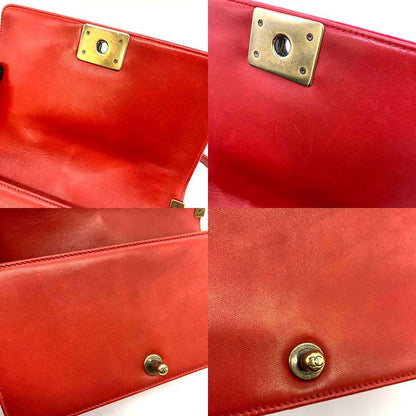 Chanel Boy Chain Shoulder Bag Velour Canvas Red Green Check in New Condition