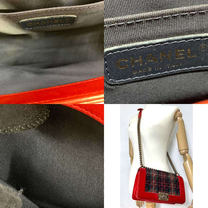 Chanel Boy Chain Shoulder Bag Velour Canvas Red Green Check in New Condition