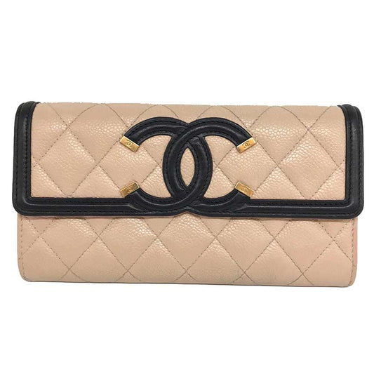 Chanel Caviar Skin Long Wallet Beige Leather