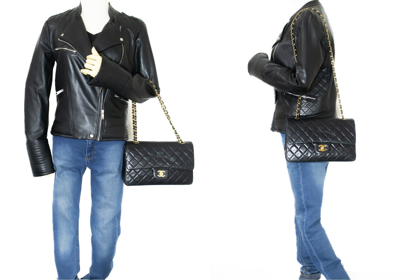 CHANEL Classic Double Flap 10" Chain Shoulder Bag Black Lambskin k49