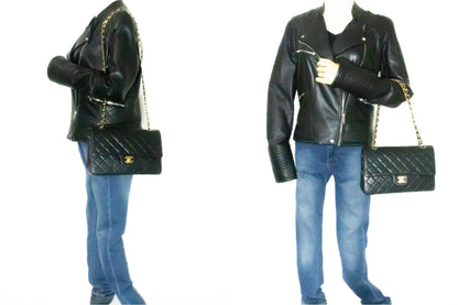CHANEL Classic Double Flap 10" Chain Shoulder Bag Black Lambskin k62