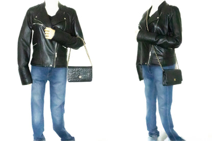 CHANEL Black Camellia Embossed Wallet On Chain WOC Shoulder Bag k53