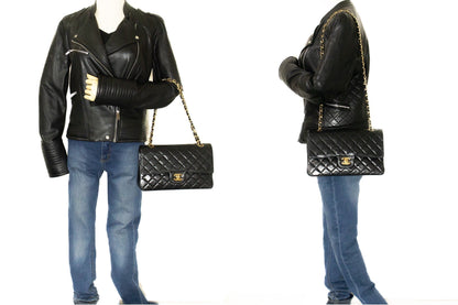 CHANEL Classic Double Flap 10" Chain Shoulder Bag Black Lambskin j92