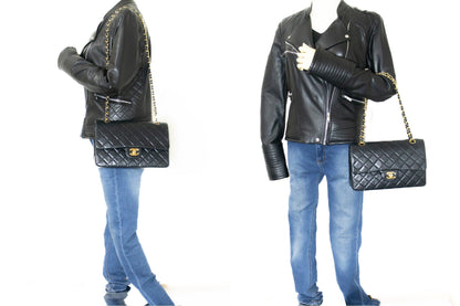 CHANEL Classic Double Flap Medium Chain Shoulder Bag Black Lamb k79