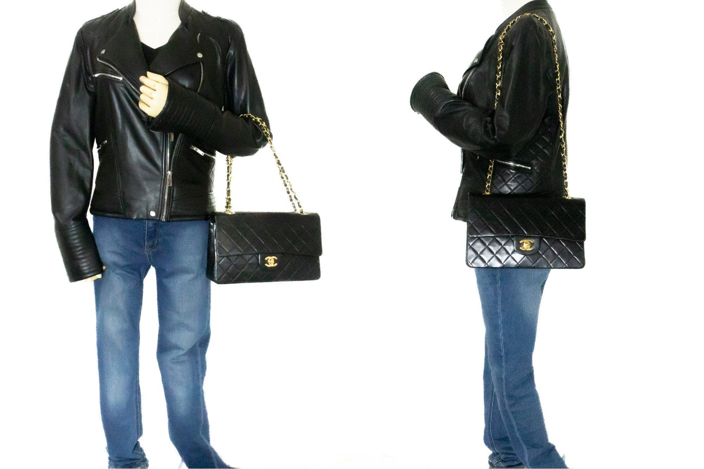 CHANEL Classic Double Flap 10" Chain Shoulder Bag Black Lambskin k46