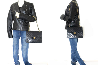 CHANEL Classic Double Flap Chain Shoulder Bag Black Lambskin Purse k88