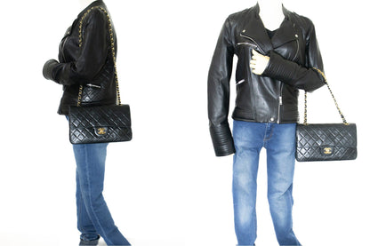 CHANEL Classic Double Flap 10" Chain Shoulder Bag Black Lambskin k63