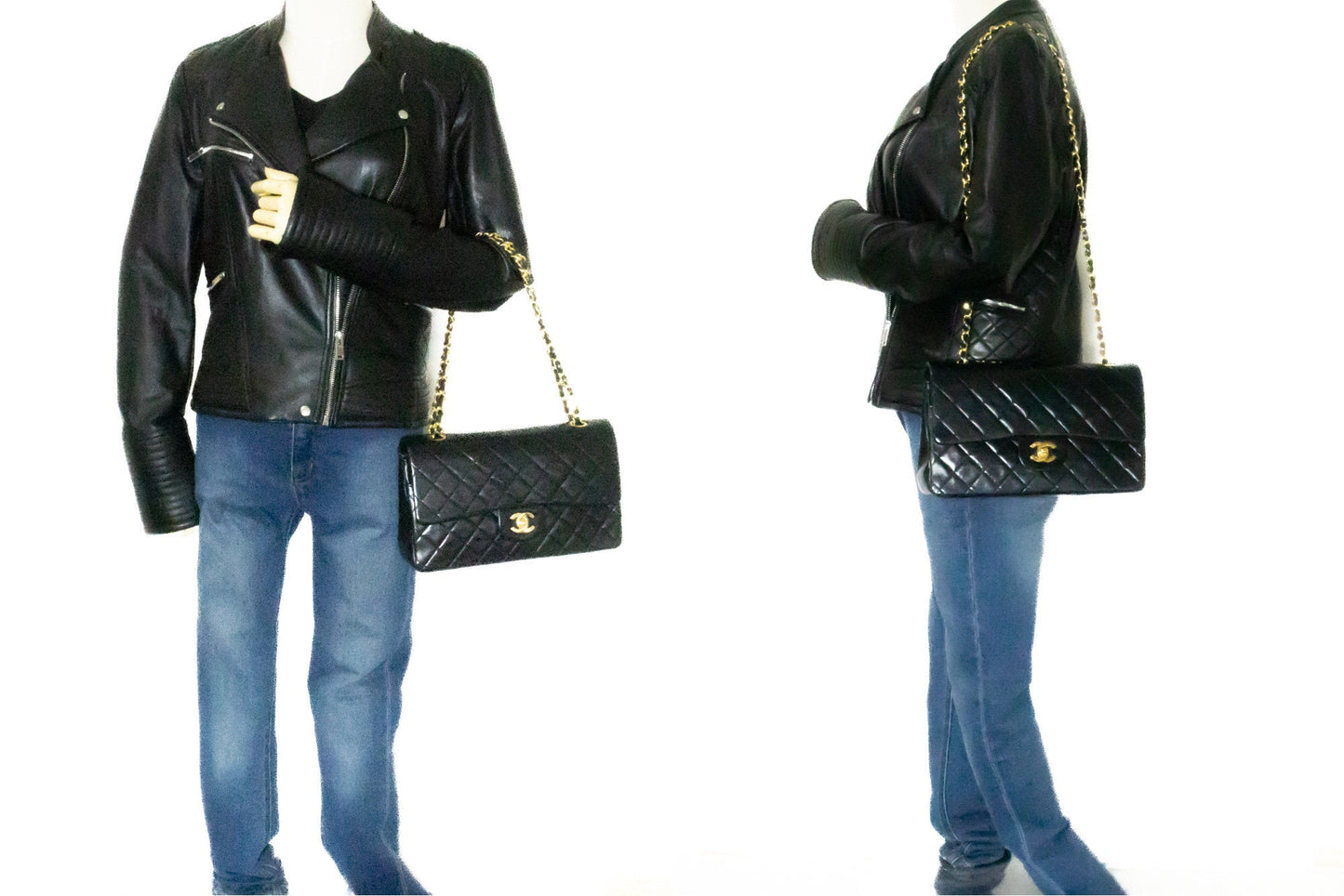 CHANEL Classic Double Flap 10" Chain Shoulder Bag Black Lambskin k60