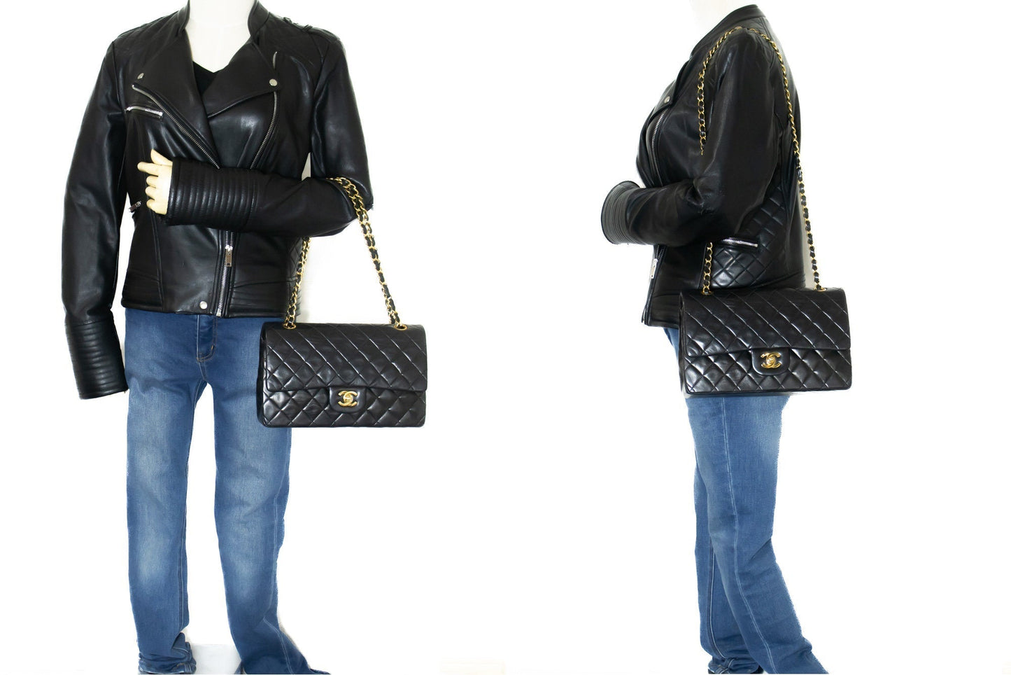 CHANEL Classic Double Flap 10" Chain Shoulder Bag Black Lambskin k71