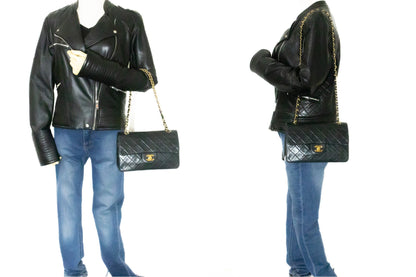 CHANEL Classic Double Flap 9" Chain Shoulder Bag Black Lambskin j57