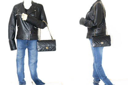 CHANEL Classic Double Flap 9" Chain Shoulder Bag Black Lambskin k80