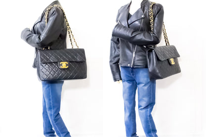 CHANEL Jumbo 13" 2.55 Flap Chain Shoulder Bag Black Lambskin Large g83