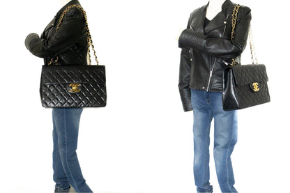 CHANEL Classic Large 13" Flap Chain Shoulder Bag Black Lambskin j63