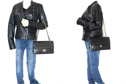 CHANEL Classic Double Flap 10" Chain Shoulder Bag Black Lambskin k72