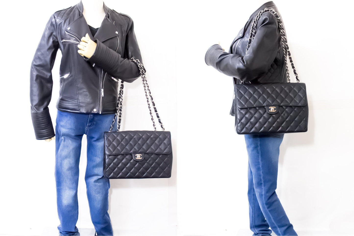CHANEL Classic Large 11" Chain Shoulder Bag Black Grained Calfskin h58