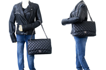 CHANEL Caviar Grained Calfskin Flap Chain Shoulder Bag Black 13" i90