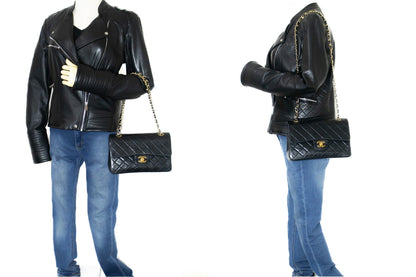 CHANEL Classic Double Flap 9" Chain Shoulder Bag Black Lambskin k65