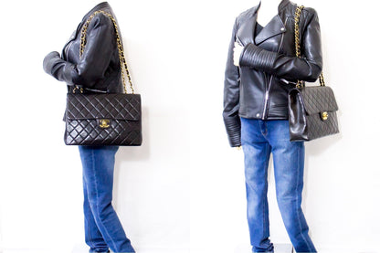 CHANEL Jumbo 11" Large Chain Shoulder Bag Flap Black Lambskin Gold f98