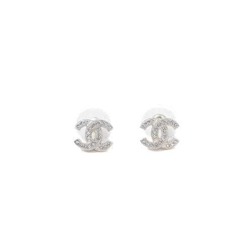 Chanel Classic Mini CC Logo Earrings Silver Tone