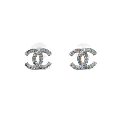 Chanel CC Logo Crystal Earring Sliver Tone