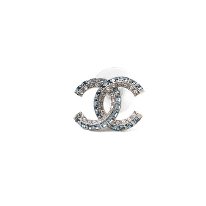 Chanel CC Logo Crystal Earring Sliver Tone