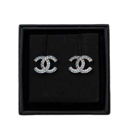Chanel CC Logo Crystal Earring Sliver Tone