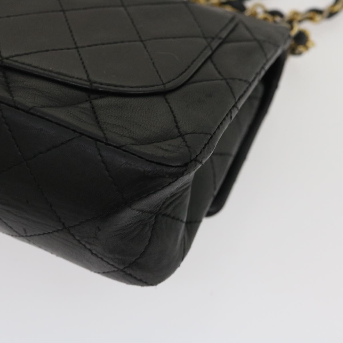 CHANEL Mini Matelasse Chain Flap Shoulder Bag Lamb Skin Black Gold ai651A