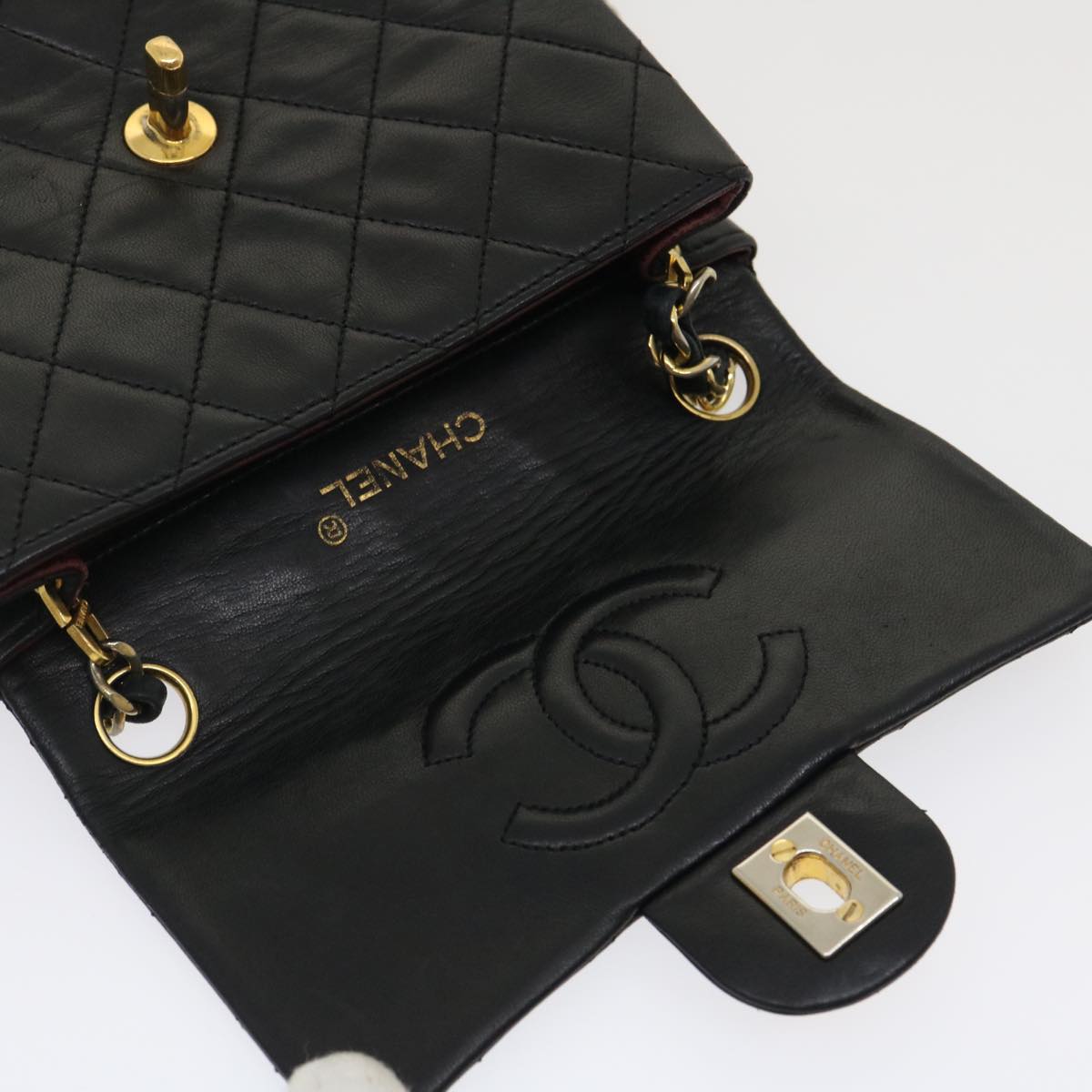 CHANEL Mini Matelasse Chain Flap Shoulder Bag Lamb Skin Black Gold ai651A