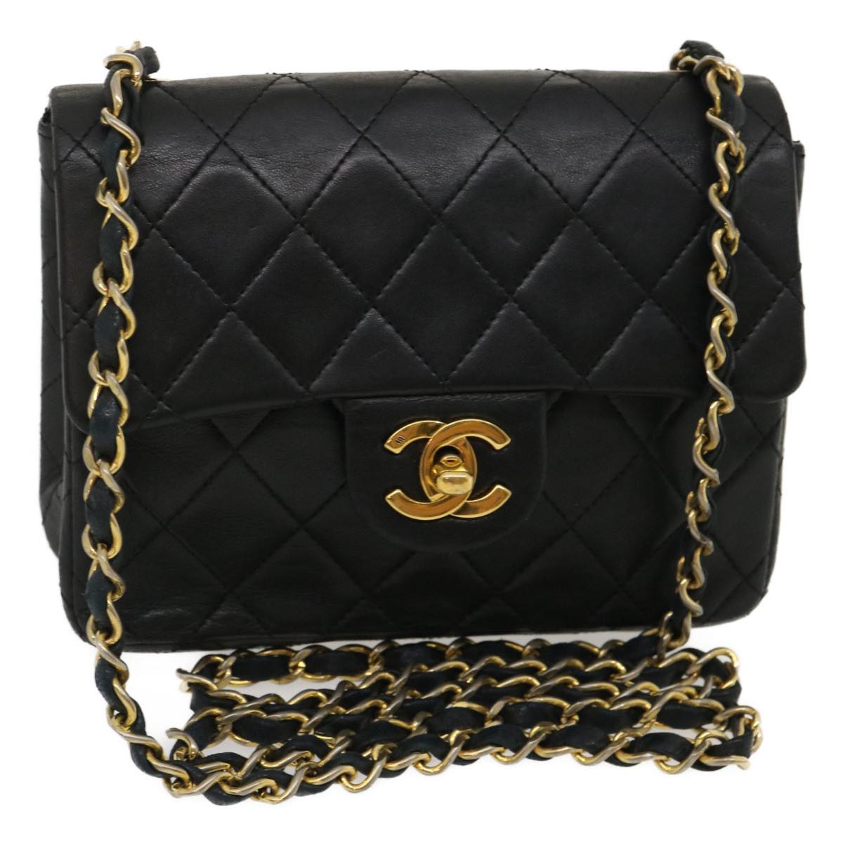 CHANEL Mini Matelasse Chain Flap Shoulder Bag Lamb Skin Black Gold ai651A