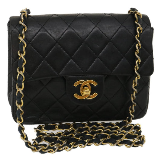 CHANEL Mini Matelasse Chain Flap Shoulder Bag Lamb Skin Black Gold ai651A