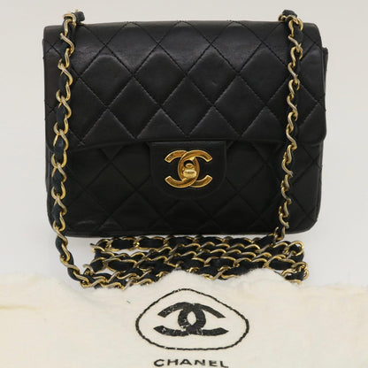 CHANEL Mini Matelasse Chain Flap Shoulder Bag Lamb Skin Black Gold ai651A
