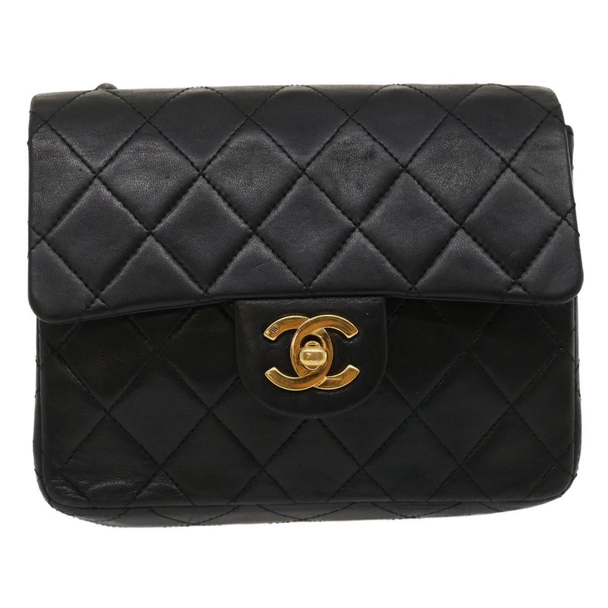 CHANEL Mini Matelasse Chain Flap Shoulder Bag Lamb Skin Black Gold ai651A