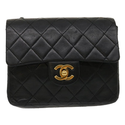 CHANEL Mini Matelasse Chain Flap Shoulder Bag Lamb Skin Black Gold ai651A