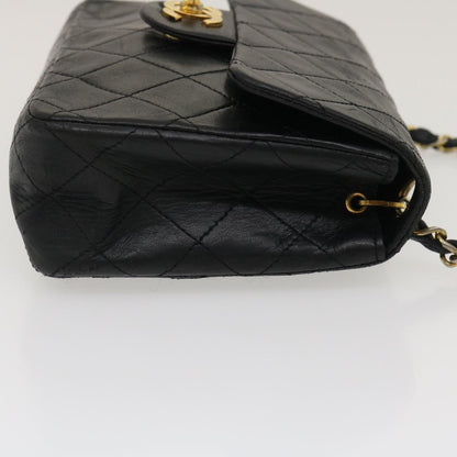 CHANEL Mini Matelasse Chain Flap Shoulder Bag Lamb Skin Black Gold ai651A