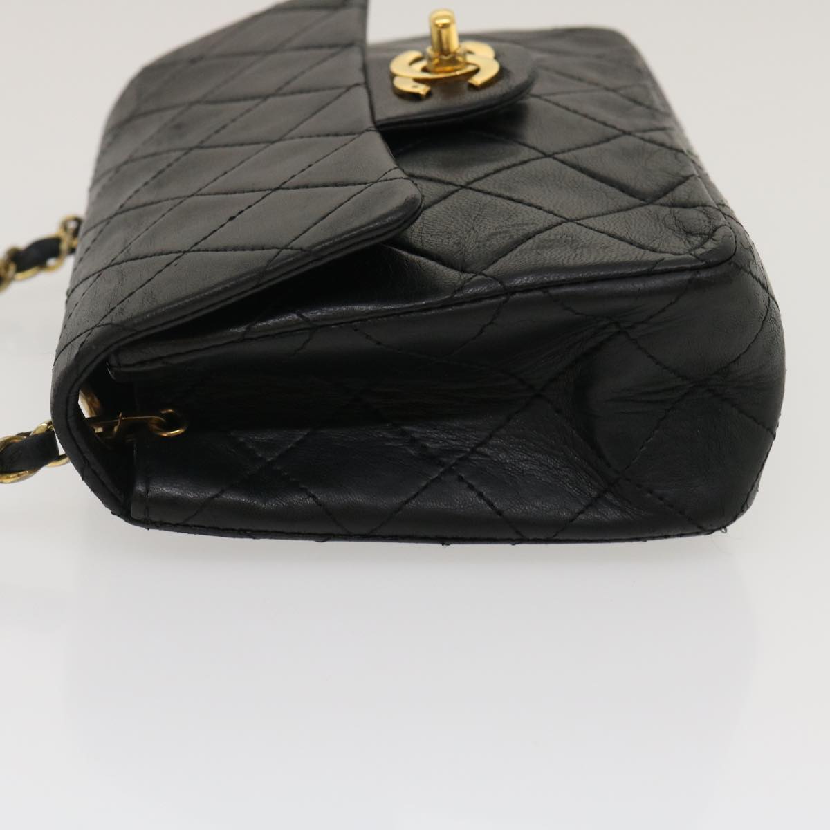 CHANEL Mini Matelasse Chain Flap Shoulder Bag Lamb Skin Black Gold ai651A