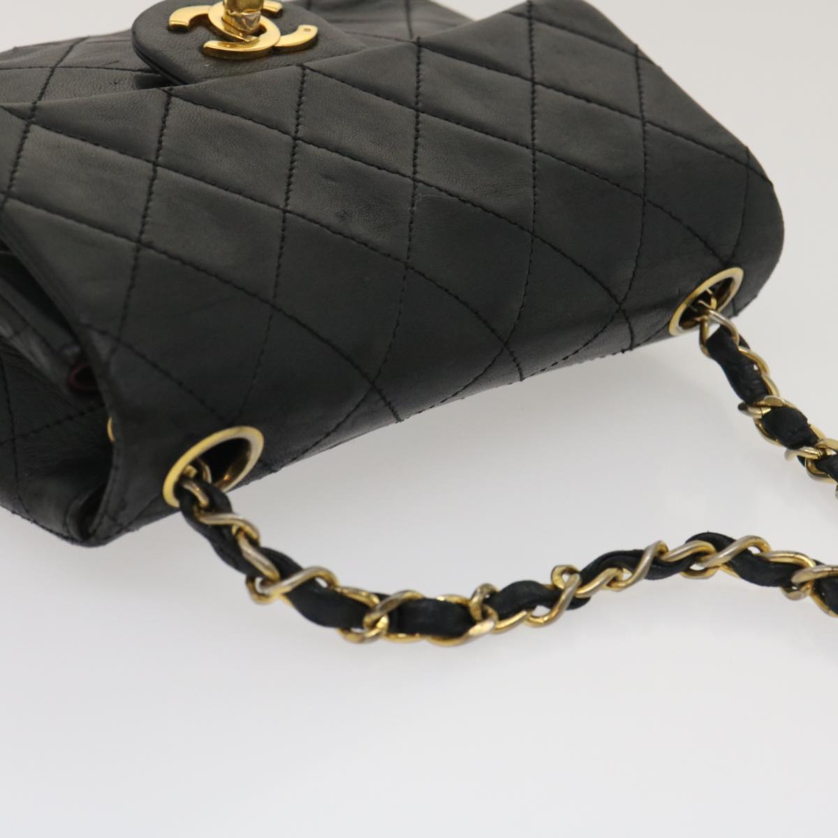 CHANEL Mini Matelasse Chain Flap Shoulder Bag Lamb Skin Black Gold ai651A