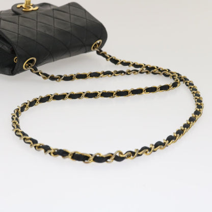 CHANEL Mini Matelasse Chain Flap Shoulder Bag Lamb Skin Black Gold ai651A