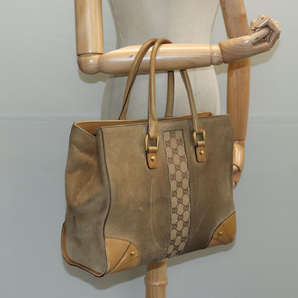 GUCCI GG Canvas Tote Bag Suede Studs Brown Gold 120897  ki5094